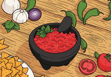 Molcajete Ilustraciones Vectoriales Menu Art, Food Illustration Art, Cute Food Art, Background Images Wallpapers, Food Illustrations, Dia De Muertos, Cute Food, Food Art, Mexican Food Recipes