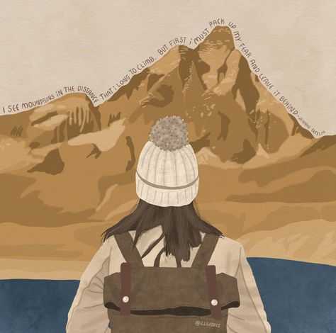 Trekking Painting, Person Climbing Mountain Drawing, Trekking Journal, Hiker Illustration, Hiking Illustration Drawings, Hiking Illustration, Climbing A Mountain Illustration, Instagram Symbols, Adventure Girl