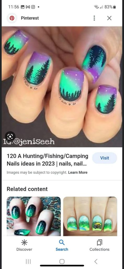 River Nails Designs, Iceland Nails Designs, Outdoors Nails, Camping Nail Designs, Lake Nails Designs, Camping Nail Art Design, Mountain Nail Ideas, Alaska Nails Ideas, Bigfoot Nails