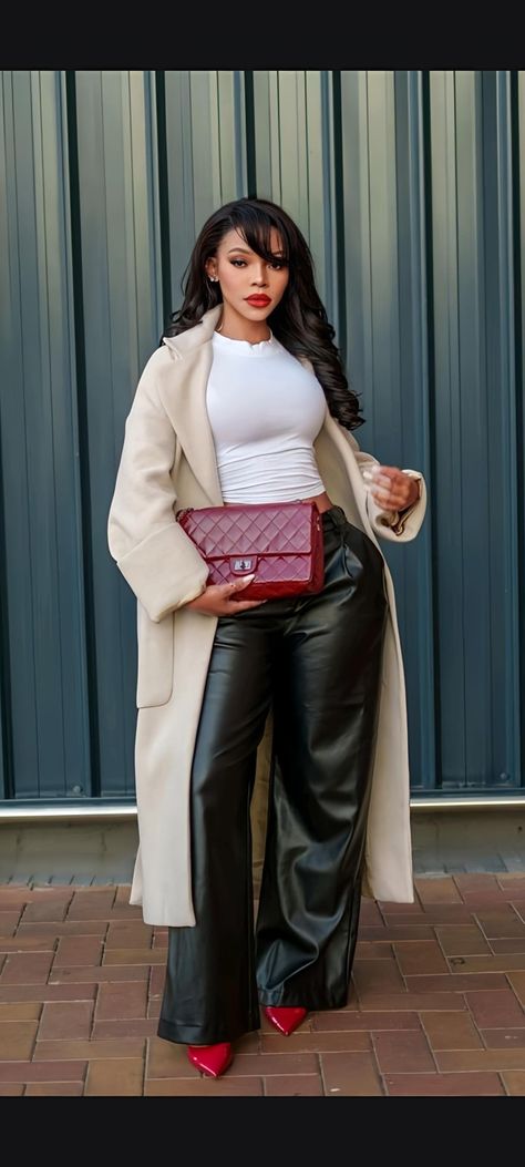 Casual Chic New Years Outfit, Black Leather Pants Red Top Outfit, Mid Size Date Night Outfits Winter, Birthday Dinner Outfit Winter Night, Christmas Color Outfits, Date Night Outfit Winter Black Women, Casual Date Night Outfit Fall 2024, Date Night Outfit Cold Weather, Christmas Outfits Black Women