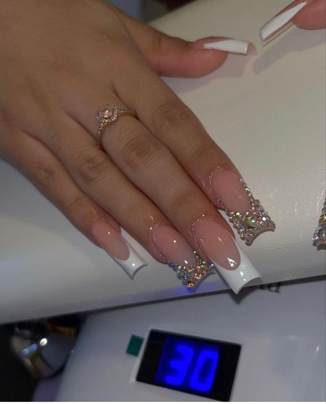 Basic Simple Nails, Long French Acrylic Nails, Nail Inspo White French Tip, Nail Inspo White, Emerald Nails, Kitty Nails, Doll Nursery, Acrylic Toe Nails, Long Acrylic Nail Designs