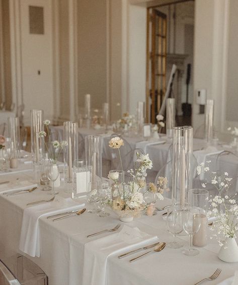 Wedding Long Tablescape, Rectangle Wedding Centerpieces Simple, Long Wedding Tables With Candles, Candle Centerpieces Wedding Long Table, Wedding Reception Long Tables, Minimalist Table Setting Wedding, September Wedding Decor, Wedding Tablescapes Long, Long Tables Wedding Reception