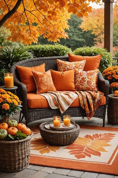 Fall Front Porches Ideas, Backyard Fall Decor, Cozy Fall Porch, Fall Patio Decor, Fall Porches, Fall Fireplace Decor, Fall Scenes, Fall Patio, Fall Front Porch Decor Ideas