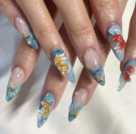 Koi Fish Nails, Fish Nails, Custom Press On Nails, Pretty Gel Nails, Set Designs, Fire Nails, Dream Nails, Funky Nails, Pretty Acrylic Nails