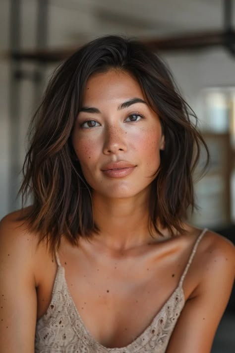 Woman with shoulder-length hair and a neutral expression wearing a beige tank top. Celebrity Long Bob, Layered Lob Brunette, Long Dark Brown Bob, Long Bob Frizzy Hair, Long Balayage Bob, Thick Straight Short Hair, Layered Lob Side Part, Asian Long Bob Haircut, Long Italian Bob Haircut