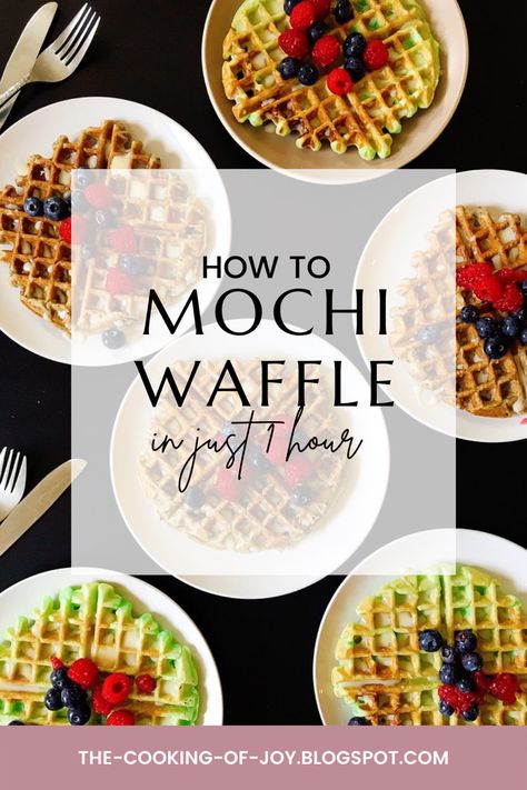 Mochi Waffles makes 8 16 oz. sweet glutinous rice flour 1 cup sugar 2 teaspoons baking powder 1/2 teaspoon kosher salt 2 tablespoons black sesame seeds or 1/4 teaspoon pandan extract 4 tablespoons butter, melted and cooled to room temperature 13. oz can of coconut milk, well shaken 2 beaten eggs, room temperature Pandan Mochi Waffle Recipe, Mochi Waffle Recipe, Mochi Waffle, Mochi Waffles, Shrimp Toast, Scallion Pancakes, Bubble Waffle, Glutinous Rice Flour, Waffle Recipe