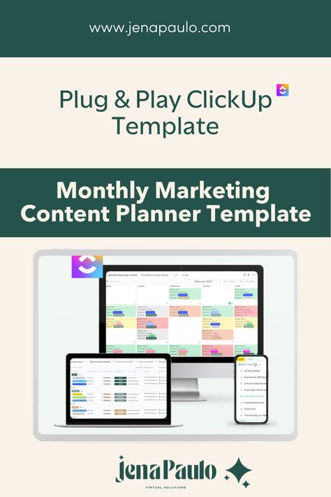 Want to save time planning out your monthly marketing content? Check out my Plug and Play ClickUp Marketing Content Template for brainstorming, organizing, and planning, your social media, email marketing, and blogs. This ClickUp Content Tracking template features: content creation workflows & automation, categorized marketing databases, and monthly content calendars. Save yourself time, energy, and money by snagging this! Check out more templates and ClickUp resources at jenapaulo.com Clickup Templates, Content Planner Template, Content Template, Tracking Template, Content Marketing Plan, Time Planning, Create Business, Planning Template, Content Planner