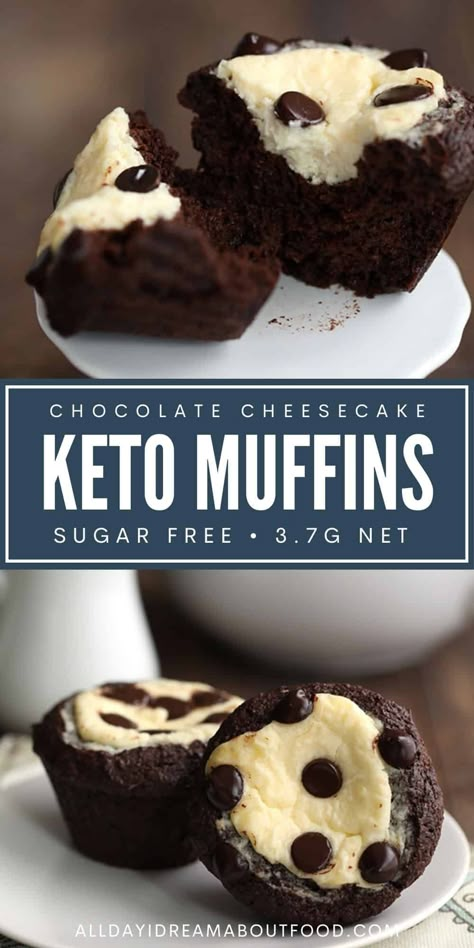 Delectable low carb chocolate muffins with a sugar-free cheesecake filling and keto-friendly chocolate chips. Make breakfast delicious again! Keto Chocolate Muffins, Chocolate Cheesecake Muffins, Cheesecake Muffins, Sugar Free Cheesecake, Postre Keto, Keto Friendly Desserts, Low Carb Dessert, Keto Cake, Cheese Muffins