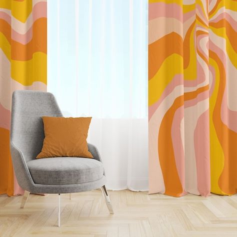 Funky Curtains Bedroom, Retro Curtains Living Room, Retro Curtains Bedroom, Groovy Curtains, Pink And Yellow Living Room, Pink And Orange Living Room, Colorful Curtains Living Room, Retro Living Room Ideas, Funky Curtains