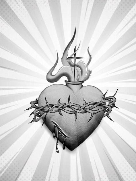 Realistic Sacred Heart Tattoo Design, Burning Heart Drawing, Sacred Heart Tattoo Stencil, Sacred Heart Drawing, Sacred Heart Tattoo Design, Religious Drawings, Nepal Tattoo, Chest Tattoo Sketches, Lebron James Art