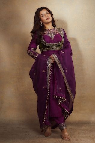 Purple kurta with thread, sequin, bead, cutdana embroidery in floral pattern on neckline. Paired with salwar, dupatta and olive velvet border embroidered bolero. - Aza Fashions Purple Indian Outfit, Raw Silk Embroidery, Suits For Women Indian, Purple Suit, Classy Suits, Purple Suits, Indian Bridal Outfits, Ethnic Outfits, Indian Designer Outfits