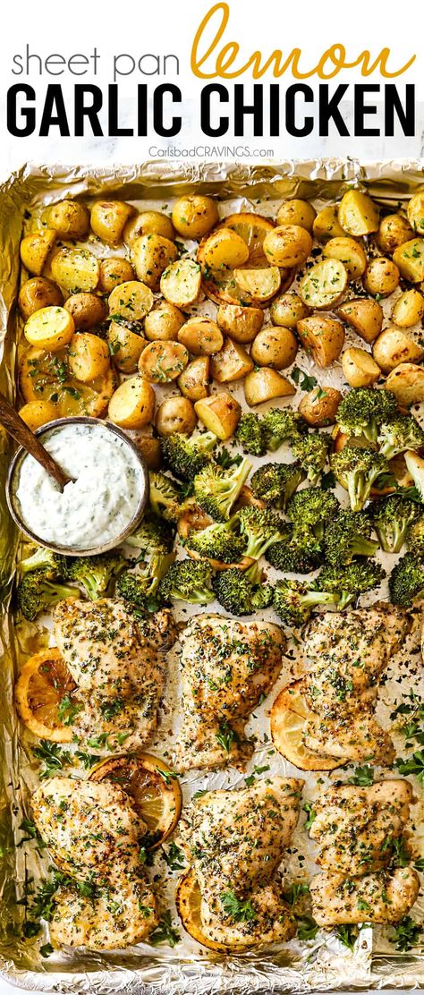 Lemon Garlic Chicken (Sheet Pan with Potatoes & Broccoli OR Marinade) Lemon Garlic Chicken Thighs, Chicken Sheet Pan, Potatoes Broccoli, Sheet Pan Dinners Recipes, Lemon Garlic Chicken, Easy Healthy Meal Prep, Health Dinner, Chicken Potatoes, Health Dinner Recipes