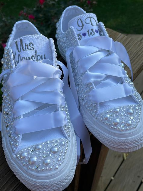 PEARL and BLING Encrusted Converse, Bride Shoes, Wedding Embroidered Wedding Shoes, Wedding Sneakers, Decorated Shoesconverse - Etsy Wedding Dress And Tennis Shoes, Wedding Shoes Sneakers Brides, Bedazzled Converse Wedding, Decorated Sneakers, Converse Bride, Embroidered Wedding Shoes, Bedazzled Converse, Bride Converse, Disney Cruise Wedding