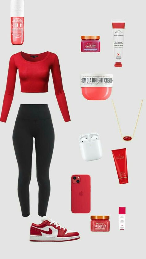 Red aesthetic,cute everyday outfits,oufit inspo for females. Red Spirit Day Outfits, Red Aesthetic Cute, Outfits With Red, Red Outfits, Red Ribbon Week, Preppy Stuff, Cute Nike Shoes, Comfy Clothes, Red Fits