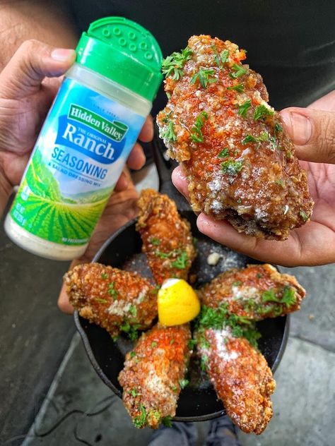 These Crispy 5 Spice Chicken Wings Are INFUSED With Hidden Valley® Ranch Spicy Ranch Wings, Ranch Dry Rub Chicken Wings, Hidden Valley Ranch Chicken Wings, Dill Pickle Ranch Chicken Wings, Buffalo Wild Wings Ranch Recipe, Ranch Wings Recipe, 5 Spice Chicken, Fried Pickles Buffalo Wild Wings, Hidden Valley Ranch Chicken