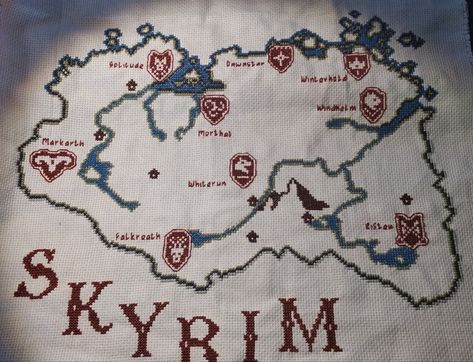 Skyrim Cross Stitch Pattern, Skyrim Embroidery, Skyrim Cross Stitch, Skyrim Pixel Art, Dnd Cross Stitch, Skyrim Crafts, Skyrim Map, Art For Embroidery, Painting Minecraft