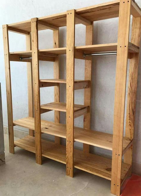 Wood Clothing Shelves, 2x4 Closet Ideas, Diy Corner Storage, Wood Wardrobe Bedroom, Basement Storage Shelves, Simple Woodworking Projects, Gear Room, Woodworking Projects For Beginners, Bed In Closet Aesthetic