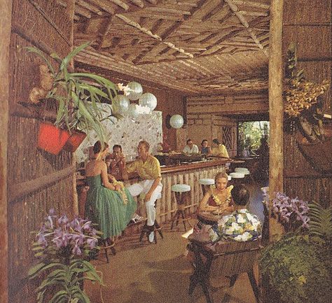 Hawaiian Village at the bar 1950s                                                                                                                                                                                 More Tiki Backyard, Tiki Pop, Tiki Culture, Decorating Mugs, Tiki Bar Ideas, Tiki Style, Poster Vintage Retro, Tiki Bar Decor, Tiki Decor