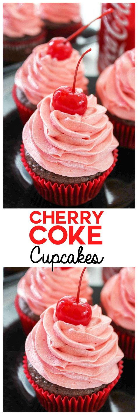 Cherry Coke Cupcakes: The sweet taste of your favorite summer drink in just a few bites. Refresh yourself with rich chocolate cupcakes with Coca Cola in the batter AND the frosting. Cherry Cola Cupcakes, Cherry Coke Cupcakes, Coca Cola Theme Party, Cherry Pie Cupcakes, Magic Cupcakes, Soda Cupcakes, Coke Cupcakes, Gorgeous Cupcakes, Chocolate Cherry Cupcakes