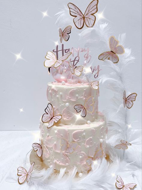 Butterfly Cake Ideas Quinceanera, Pink And White Butterfly Cake, 2 Layer Cake Birthday Design 18th, 2 Layer Butterfly Cake, Dreamy Birthday Theme, Cake For Debut, Debut Cake Ideas, Butterfly Quince Cake, 2 Layer Cake Design