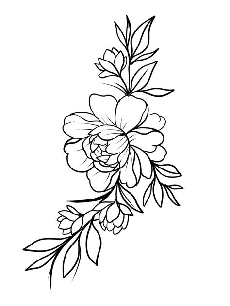 Tattoo Silloute, Cluster Of Flowers Tattoo, Japanese Flower Tattoo Design, Flower Outline Tattoo, Flower Tattoo Stencil, Waist Tattoo, Lotus Flower Drawing, Flower Tattoo Stencils, Vine Drawing