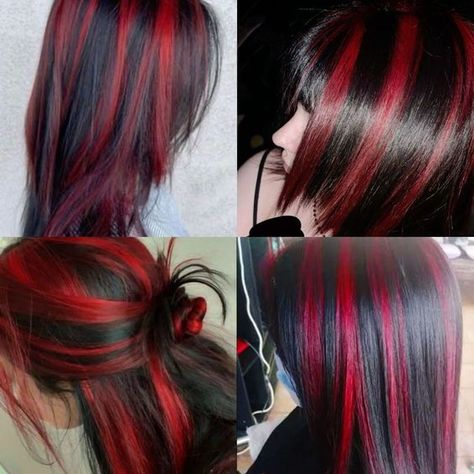 Jet Black Hair With Red Highlights, Black N Red Hair, Red Goth Hair, Red Skunk Hair, Red Skunk Stripe Hair, Chunky Red Highlights, Red Black Hair, Black And Red Hair, Skunk Hair