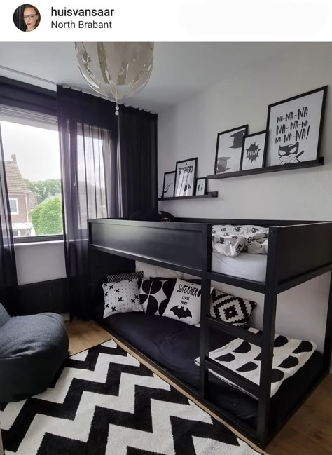 Boys Room Black Bed, Black Kids Bedroom, Small Bedroom Bunk Bed Ideas, Black And White Boys Bedroom, Batman Boys Room, Small Boys Bedroom Ideas, Boys Black And White Bedroom, Ikea Kura Bed Hack, Small Bedroom Bunk Bed