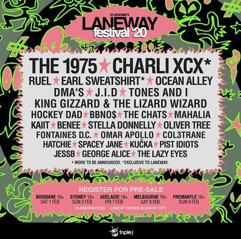 Laneway Festival 2020 Australia line up Festival Lineup Poster, Digital Photography Ideas, Laneway Festival, Festival Illustration, Earl Sweatshirt, Music Festival Poster, Adobe Lightroom Cc, Festivals Around The World, Dazed And Confused