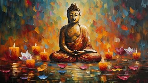 Photo oil painting of buddha statue with... | Premium Photo #Freepik #photo #buddha-statue #nirvana #buddha #thai-buddha Painting Of Buddha, Candle Ornament, Free Vectors, Lotus Flower, Buddha Statue, Lotus, Oil Painting, Statue, Candles