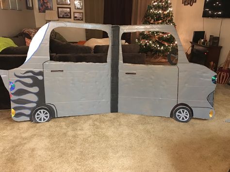 Making a cardboard car for a skit one Side, not finished painting and yes I painted on flames lol Diy Cardboard Car, Cardboard Car, Large Cars, Diy Cardboard, School Project, Sidecar, One Sided, School Ideas, Baby Strollers