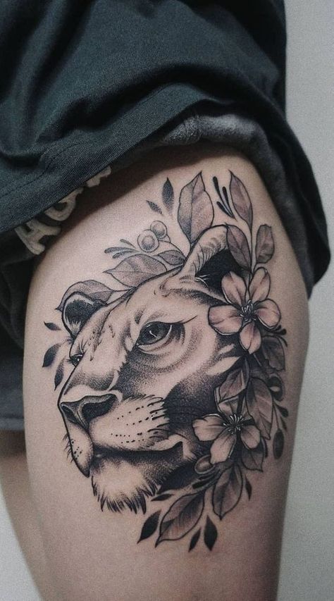 Check out our website for more Tattoo Ideas 👉 positivefox.com #tattooonleg #legtattoos #lion #liontattoos #animalstattoos Lion Tattoo On Thigh, Lion Tattoo Meaning, Lioness Tattoo, Lion Tattoos, Tattoo Trend, Leo Tattoos, Cat Tattoos, Tattoo Girls, Tiny Tattoo