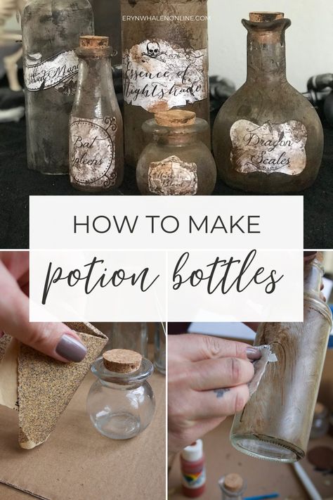 DIY Halloween Potion bottle craft How To Make Potions, Cumpleaños Harry Potter, Halloween Potion, Halloween Potion Bottles, Halloween Apothecary, Witch Potion, Kid Friendly Halloween, Halloween Bottles, Festa Harry Potter