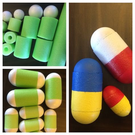 DIY Jumbo, Large Oversized pills for party props/centerpieces! Made from pool noodles and foam balls, a tad of spray paint and voila! Great for Medical School, pharmacy school, nursing school graduation parties! Cosplay (Dr.Mario) costumes etc.! Pharmacy Decoration Ideas, Pharmacy School Graduation, Nurse Grad Parties, Medical Party, Doctor Party, Nursing School Graduation Party, Medical School Graduation Gift, Pharmacy Decor, Nurse Party