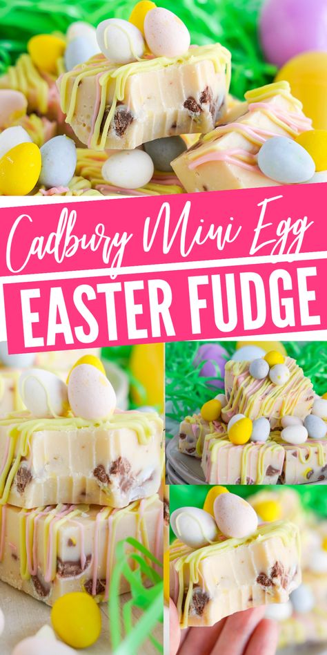 Cadbury Easter Fudge! Easy Easter Fudge with Cadbury Mini Eggs! Smooth and Creamy No Bake Fudge with a simple and easy recipe made with sweetened condensed milk! The perfect Easter Treat! #lemonpeony #easterfudge #cadbury #cadburyminieggs #cadburyeasterfudge Easter Fudge, Baked Fudge Recipe, Vanilla Fudge Recipes, Mini Eggs Cake, Holiday Dessert Recipes Easy, White Chocolate Fudge Recipes, No Bake Fudge, Easy Holiday Dessert, Cadbury Mini Eggs