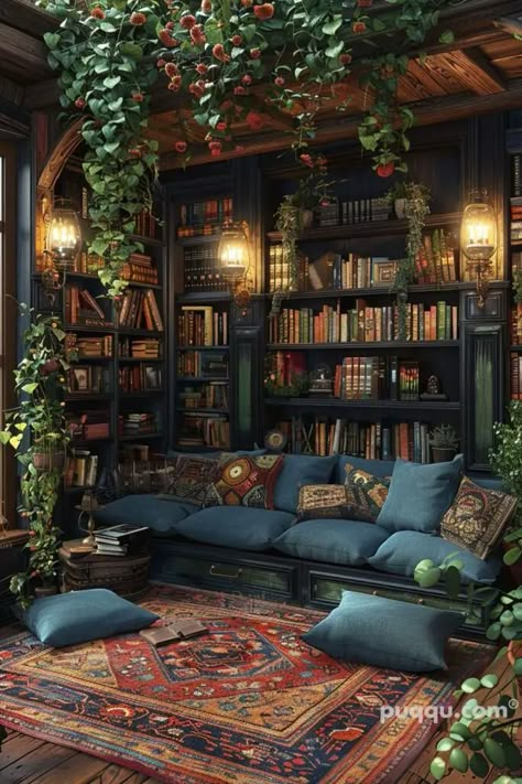 Dream Home Library Ideas - Create Your Perfect Reading Space - Puqqu Library Room Ideas Vintage, Home Library Design Cozy, Cottagecore Bedroom Aesthetic, Dark Cottagecore Bedroom, Cottagecore Bedrooms, Dark Bedrooms, Dream Home Library, Home Library Decor, Cozy Home Library