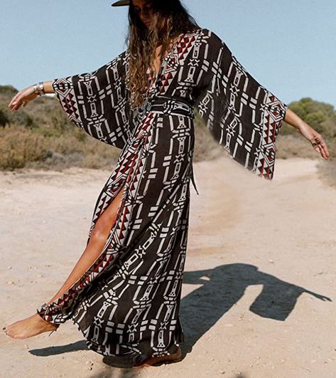 A bohemian beach dress that can be worn as a dress of a cover-up | boho style, dresses, beach, vacation wear, what to pack for a beach vacation Bohemian Style Kimono, Look Kimono, Holiday Bikinis, Long Kimono Cardigan, Moda Kimono, Loose Kimono, Estilo Hippy, Mode Kimono, Bohemian Kimono