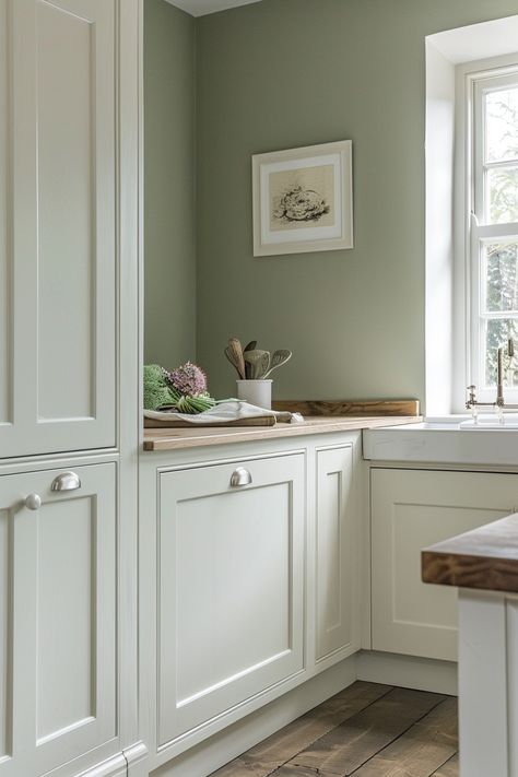 Sage Green Walls White Cabinets, White Sage Green Kitchen, Clary Sage Kitchen Walls, Light Green Kitchen Walls White Cabinets, White Cabinets Sage Walls, White Kitchen Cabinets With Green Walls, White Sage Kitchen, Cream Kitchen With Green Walls, Sage Wall Kitchen