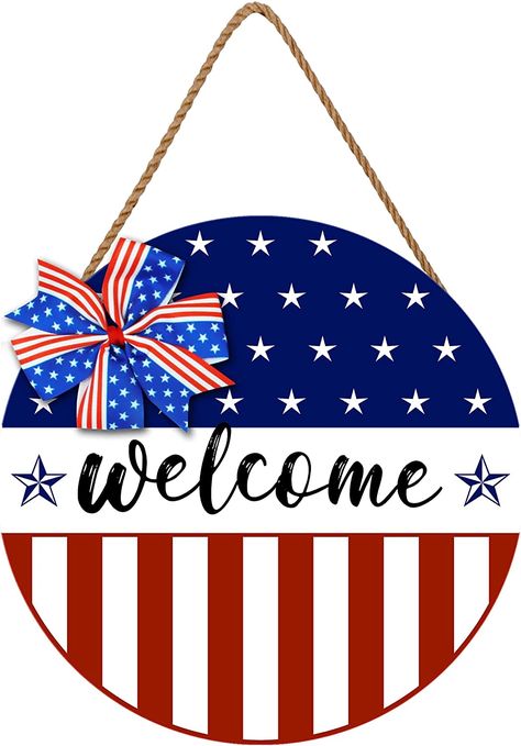 This Cute And Durable Door Sign Is A Great Gift Option Porch Wall Decor, Door Hanging Decorations, Memorial Day Wreaths, Welcome Door Signs, Unique Flags, July Wreath, Wooden Door Signs, Porch Wall, Patriotic Stars