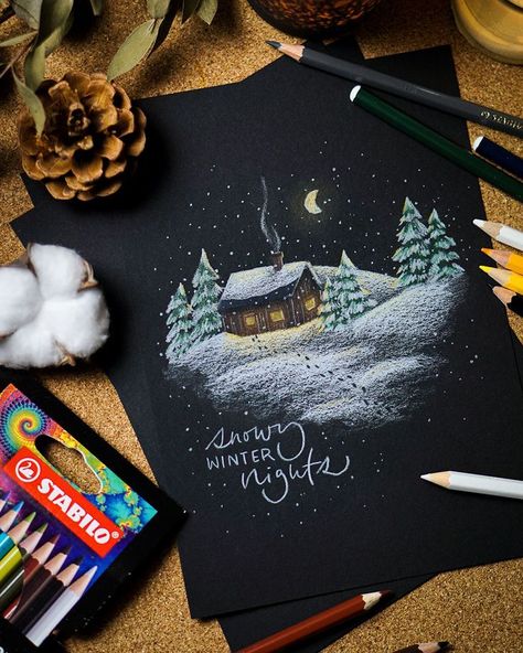 Color Pencil Christmas Cards, Christmas Colored Pencil Drawings, Winter Aesthetic Drawing, Winter Drawings Pencil, Christmas Drawings Beautiful, Christmas Scenery Drawing, Pencil Drawing Christmas, Winter Scenery Drawing, Colour Pencil Drawing Ideas