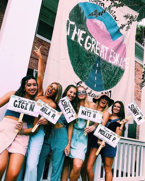 Insanely Cute Bid Day Themes New Members Will Love (With Links To Recreate Them) Road Trip Bid Day Theme, Bid Day Themes Kappa Delta, Road Trip Bid Day, Bud Day Themes, Sorority Bid Day Themes Unique, Ford Bid Day, Camp Bid Day Theme, Bid Day Themes Unique, Bid Day Ideas