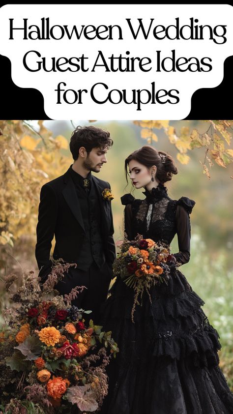 A couple dressed in Halloween wedding guest attire with autumn flowers and a gothic black wedding dress, blending seasonal elegance with a spooky theme. Halloween Wedding Outfits Guest, Halloween Chic, Wedding Guest Attire, Gothic Elegance, Black Wedding Dress, Unique Costumes, Elegant Gothic, Fall Events, Autumn Flowers