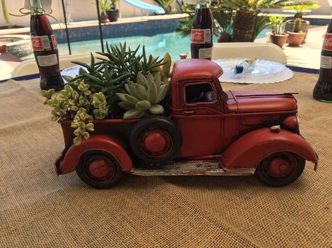 Jackies sweet baby shower  | CatchMyParty.com Classic Car Centerpieces, Vintage Truck Photography, Vintage Truck Party Decorations, Vintage Car Party Decorations, Vintage Truck Birthday Party, Route 66 Party Decoration, Truck Centerpieces Ideas, Route 66 Birthday Party Ideas, Route 66 Party Theme