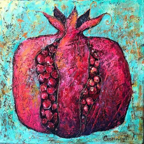 Abstract Pomegranate Original Acrylic Arwork 14 by 14 Square - Etsy Canvas Fruit Painting, Abstract Pomegranate, Contemporary Still Life, Pomegranate Art, Vegetable Pictures, Square Painting, Nursery Paintings, Red Pomegranate, Painting Contemporary