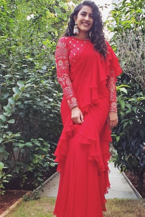 Niharika konindela in a red ruffle saree 1.1 2 Raffle Sarees Design, Ruffle Half Saree Designs, Ruffle Half Saree, Raffle Sarees, Ruffle Sarees Latest, Ruffles Saree, Red Ruffle Saree, Ruffle Saree Designs, Stylist Saree