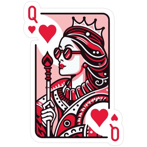 Decorate laptops, Hydro Flasks, cars and more with removable kiss-cut, vinyl decal stickers. Glossy, matte, and transparent options in various sizes. Super durable and water-resistant. The image shows a playing card, specifically the Queen of Hearts. The card features a stylized illustration of a queen holding a scepter, with red hearts and decorative patterns around her. A portion of the queen's face is pixelated, adding a modern and unique element to the classic image. Queen Card Tattoo, Queen Of Hearts Illustration, Queen Of Hearts Art, Organic Cat Food, Queen Of Hearts Card, Queen Card, A Playing Card, Stylized Illustration, Hearts Playing Cards