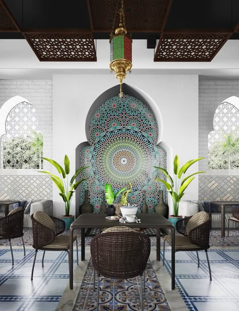 Moroccan Restaurant Design, Moroccan Restaurant Interior, Marrocan Interiors, Modern Moroccan Interior Design, Moroccan Dining Room, Arabic Interior Design, Restaurants Design, Moroccan Restaurant, Moroccan Interior Design