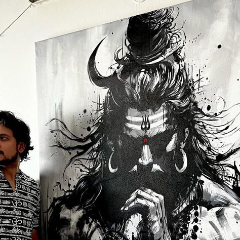 Shiva Acrylic Painting Canvas, Mk Goyal Painting, Charcoal On Canvas, Mahadev Painting Canvas, Shiva Painting Acrylics, Mahakal Painting, Mahadev Painting, Shiva Drawing, Easy Hair Drawings