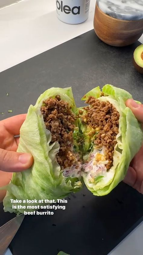 Keto Meal Recipe 🥑🥥 | BEEF BURRITO LETTUCE WRAP . If you haven’t tried them already, these lettuce wraps never disappoint - feel free to swap out the protein to... | Instagram Beef Burrito, Burrito Wrap, Beef Wraps, Recipe Beef, Lettuce Wrap, Most Satisfying, Lettuce Wraps, Keto Meal, Burritos