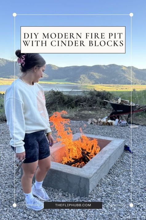 Look at this stunning DIY outdoor firepit made from old cinder blocks. If you're looking to transform your outdoor space or backyard with a firepit and seating area, you need to check out our DIY cinder block fire place built in an afternoon. Rectangle cinder block fire pit DIY. Add this to your DIY home projects and outdoor projects. One of the best DIY outdoor fireplaces you'll ever build! Modern Outdoor Fire Pit, Block Fire Pit, Outdoor Fire Pit Diy, Modern Outdoor Firepit, Cheap Fire Pit, Cinder Block Fire Pit, Easy Diy Home Projects, Diy Outdoor Fireplace, Modern Fire Pit