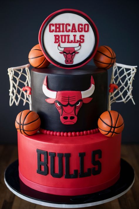 Perfect Bulls-Themed Birthday Cakes for Men Chicago Bulls Themed Birthday Party, Chicago Bulls Birthday Cake, Chicago Bulls Cake Ideas, Chicago Bulls Party Ideas, Chicago Bulls Birthday Party Ideas, Chicago Bulls Cake, Basketball Birthday Cake, Basketball Theme Party, Basketball Cake